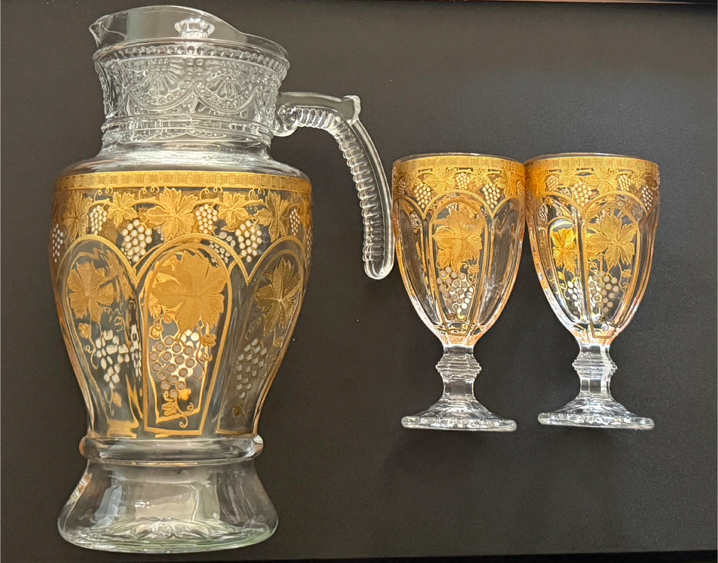 Glass Pitcher and Two Glasses Set with Gold Grapes Design