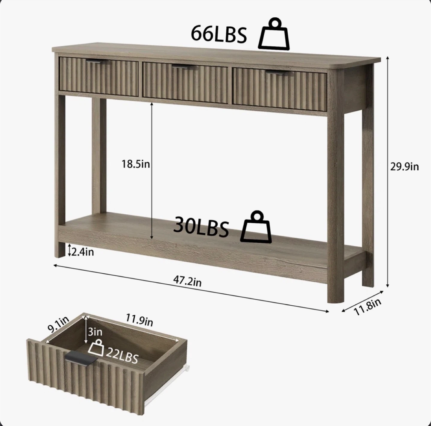 Grey Wood Console Table with 3 Drawers - photo 3