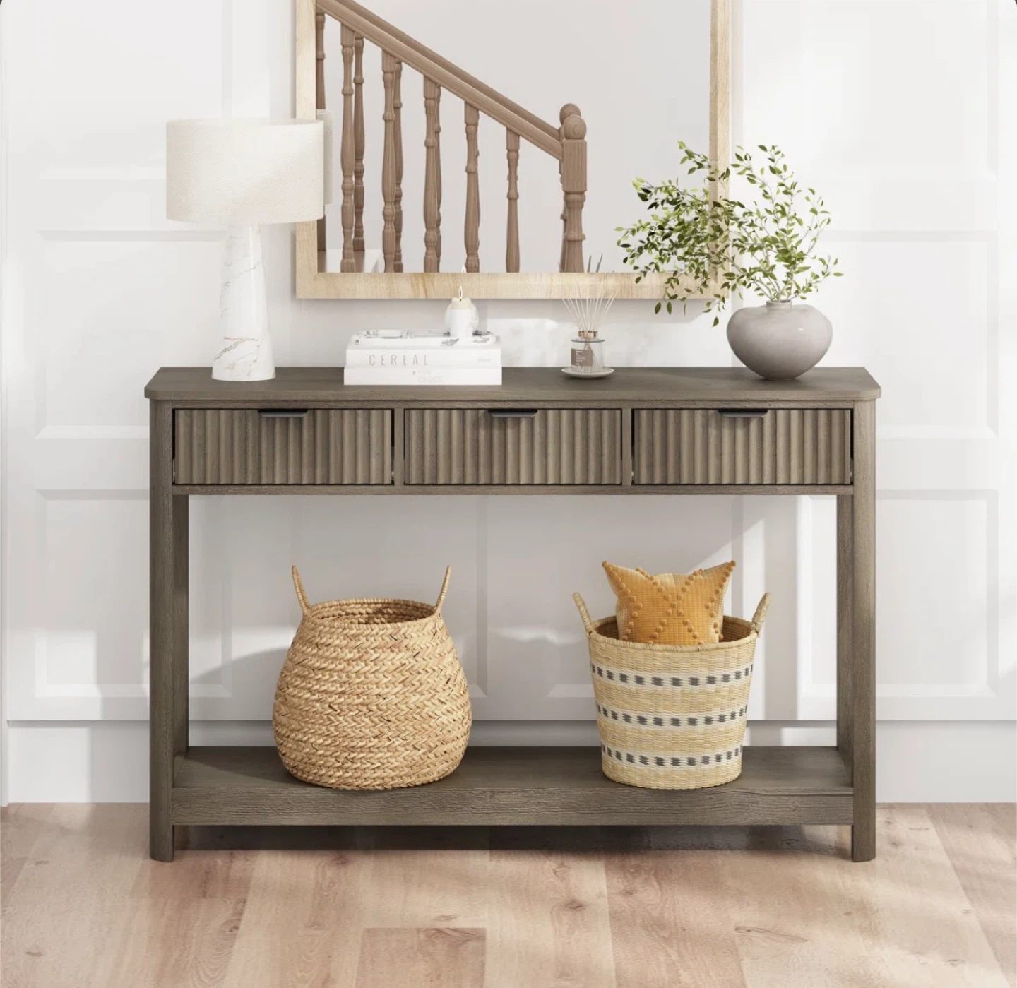 Grey Wood Console Table with 3 Drawers