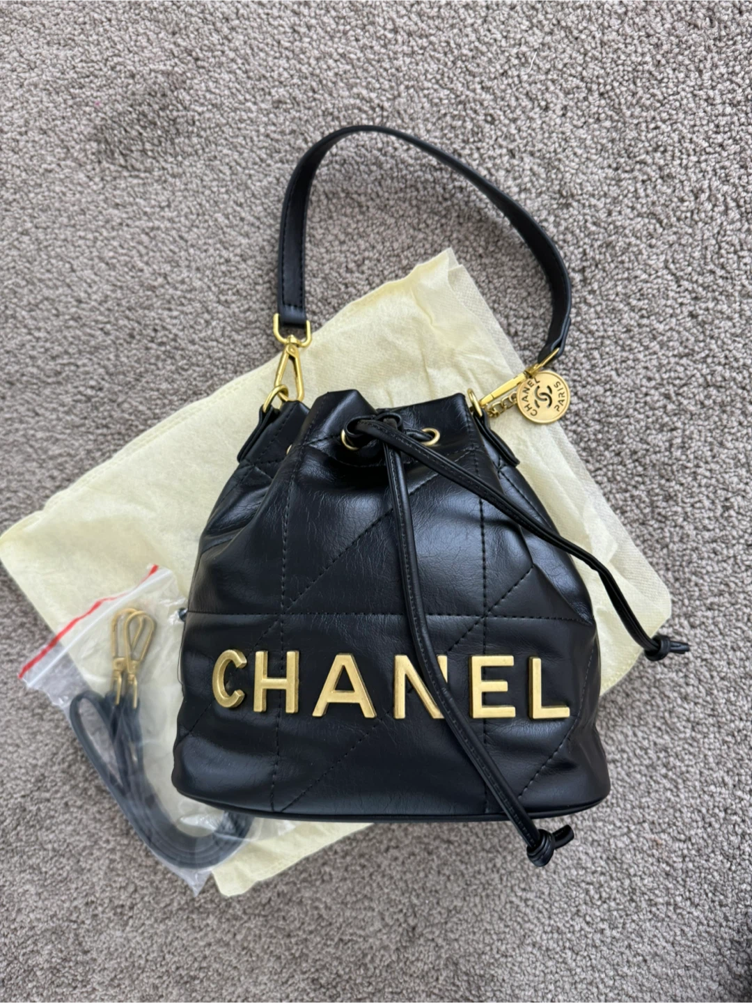 Cc Black Leather Bucket Bag
