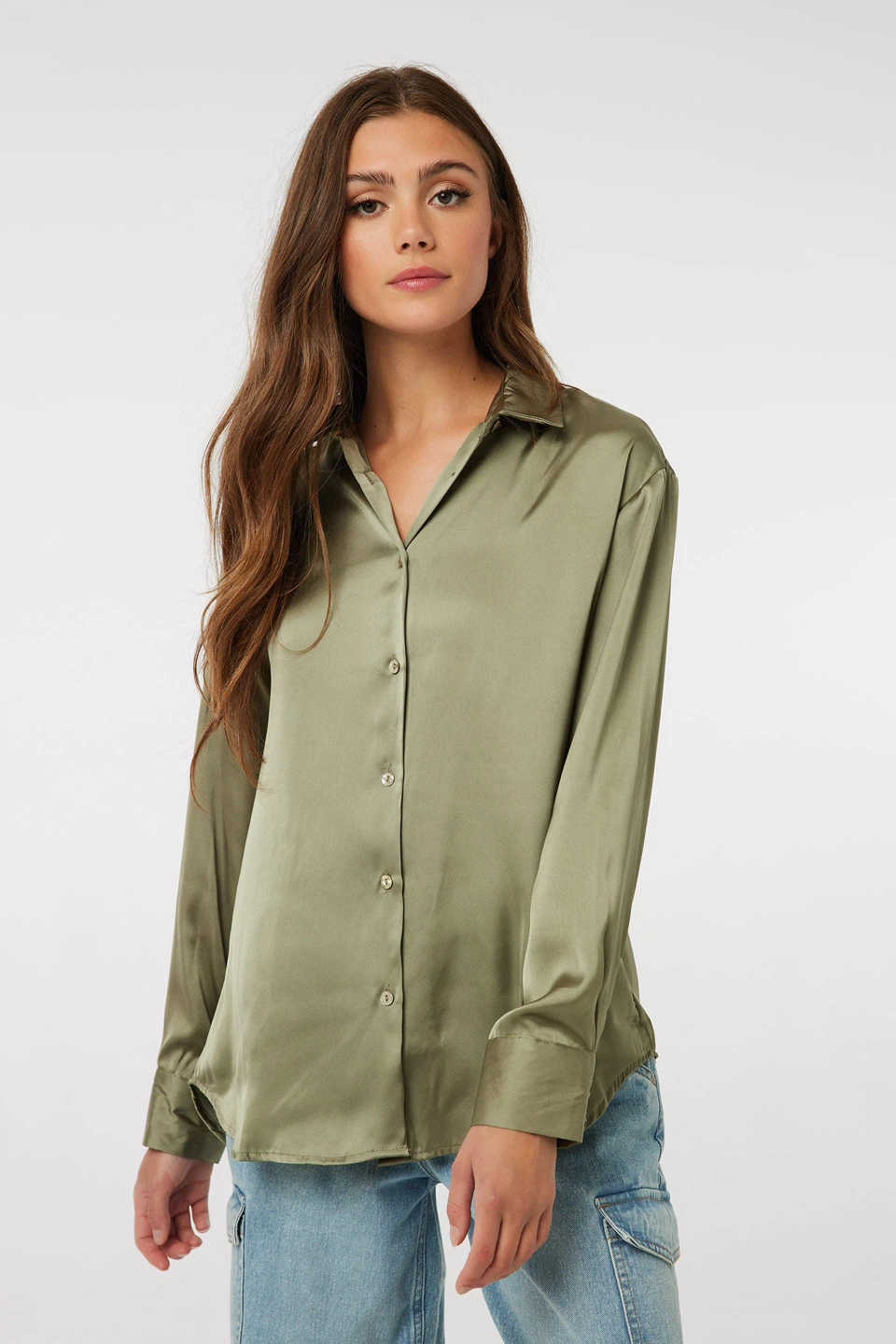 Women's Satin Button-Up Shirt - Olive Green - photo 2