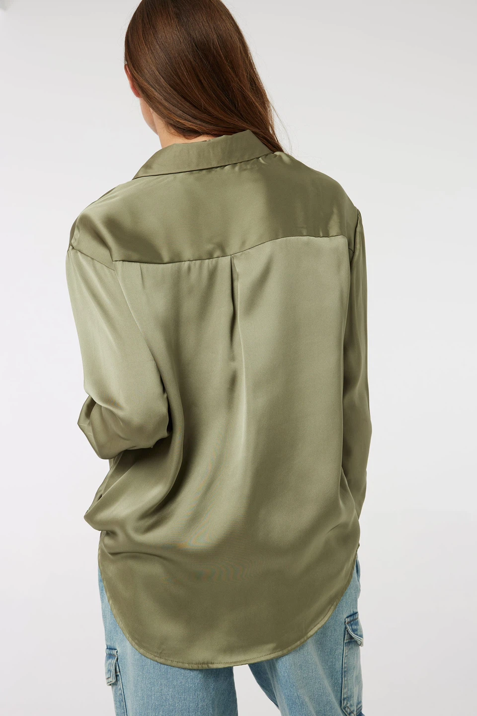 Women's Satin Button-Up Shirt - Olive Green - photo 3