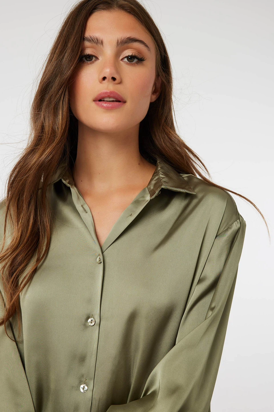 Women's Satin Button-Up Shirt - Olive Green