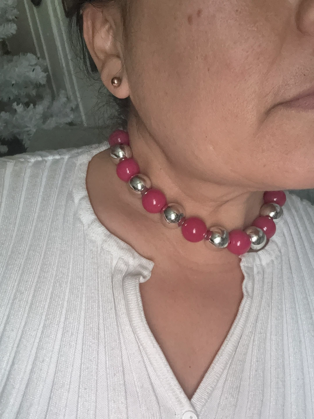 Red Velvet Choker & Pink Beaded Necklace Set - photo 2