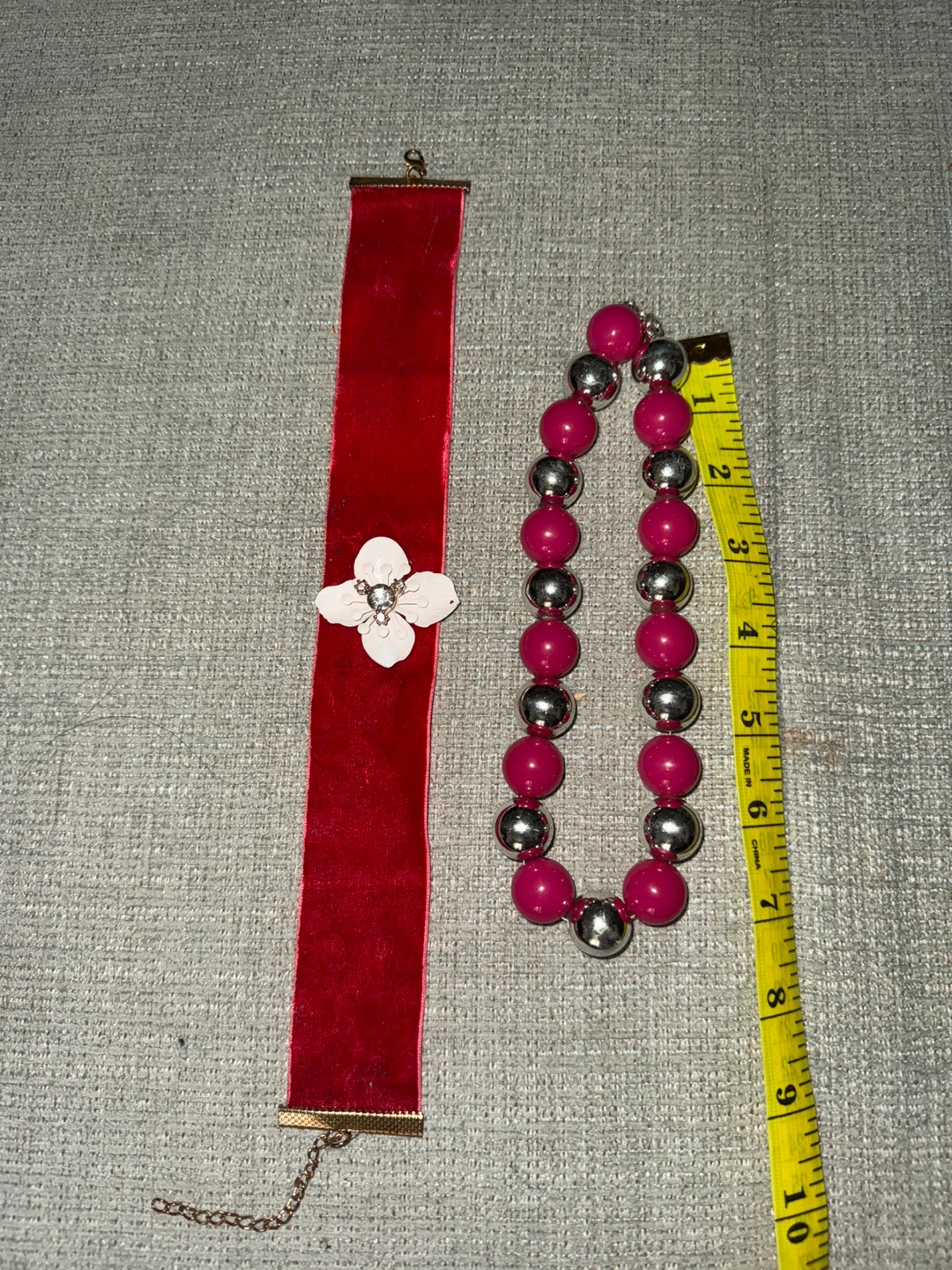 Red Velvet Choker & Pink Beaded Necklace Set