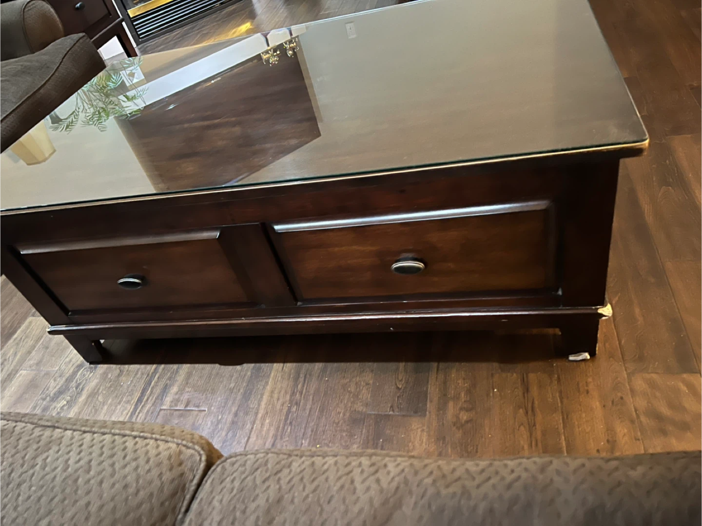 Dark Wood Coffee Table with Glass Top and Drawers - photo 2