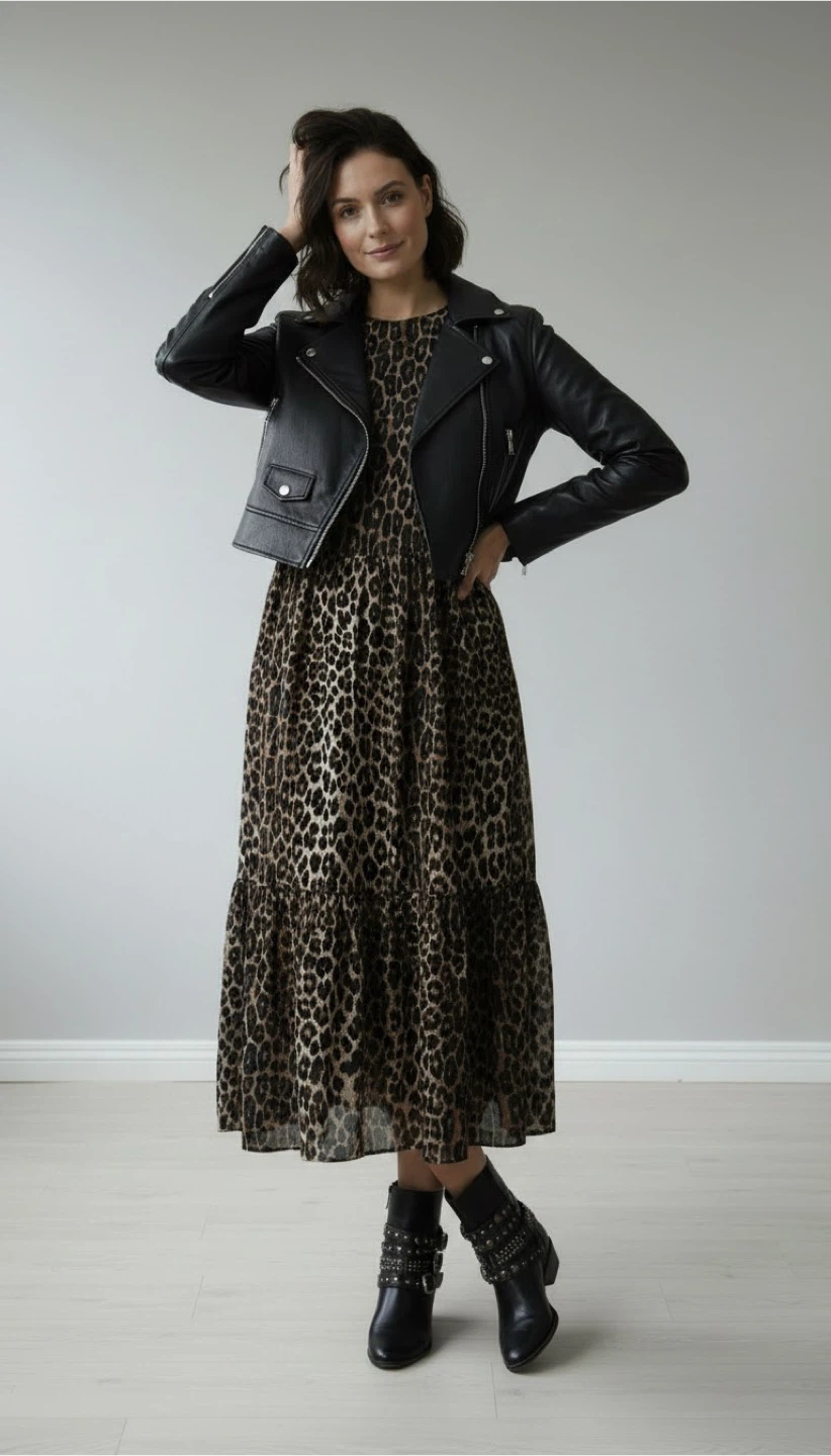 Leopard Print Tiered Long Dress, Size: S (oversized), fits M