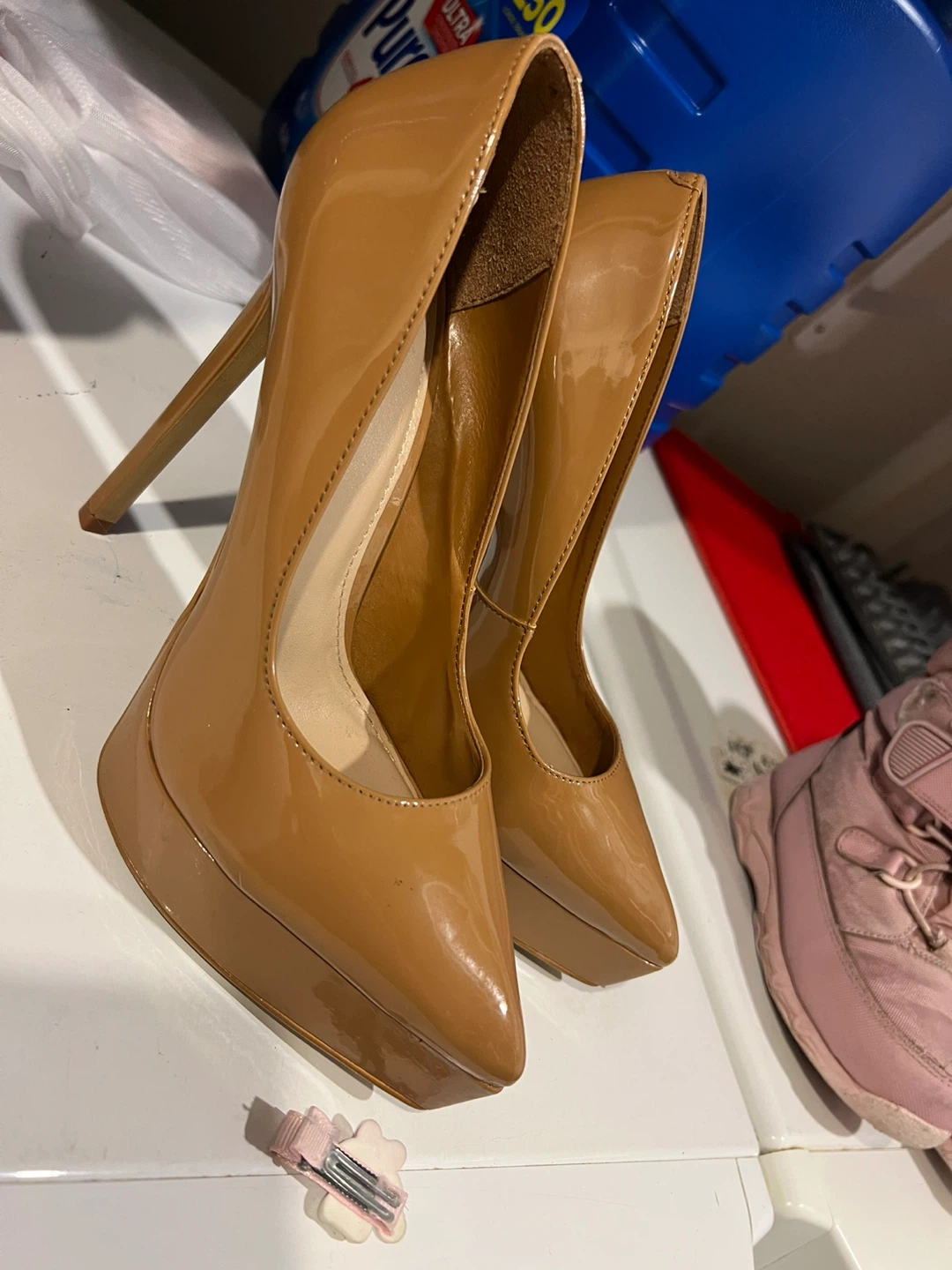 Patent Leather Platform Stilettos - Tan