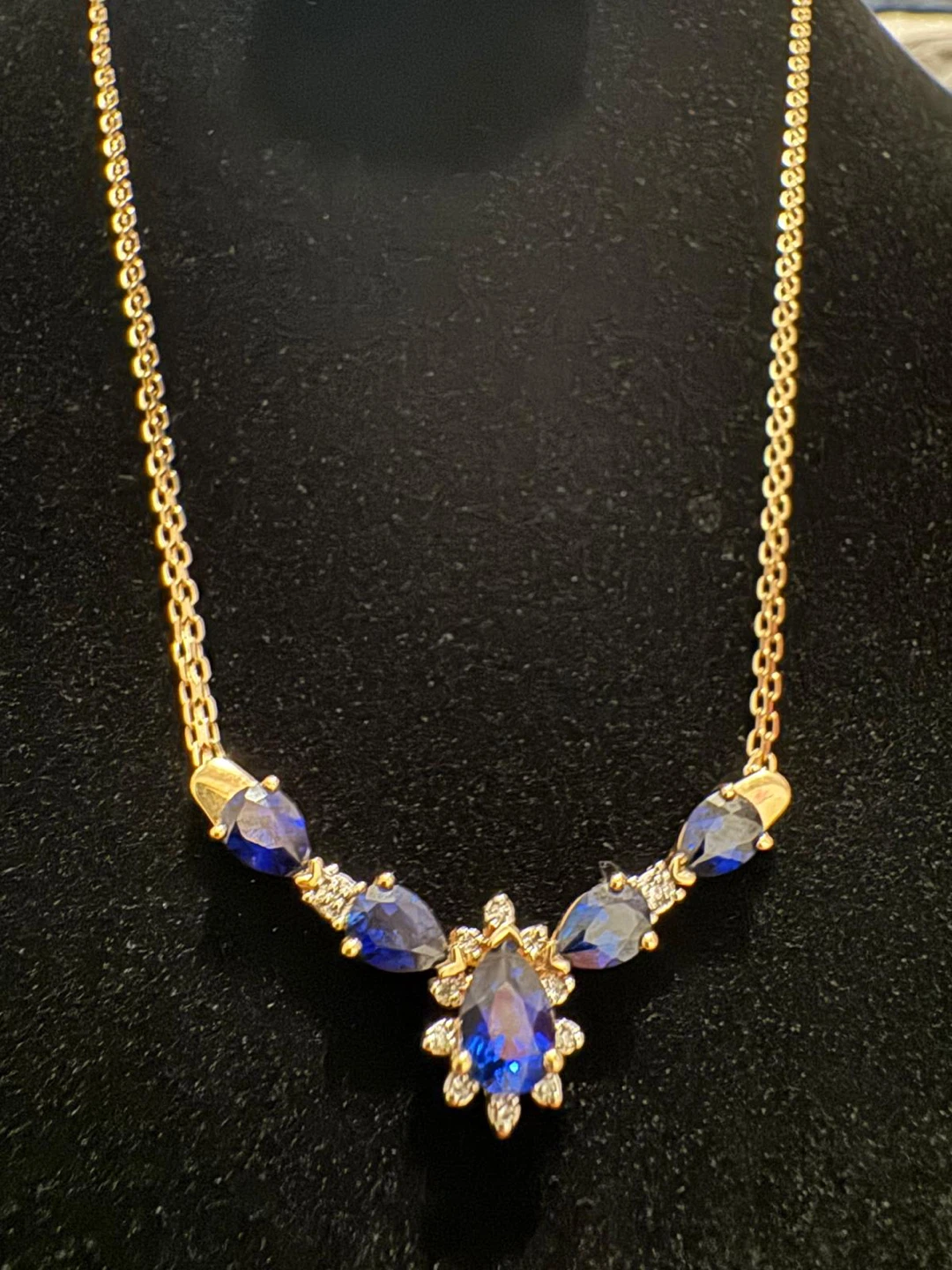 Gold Necklace with Blue & White Gems