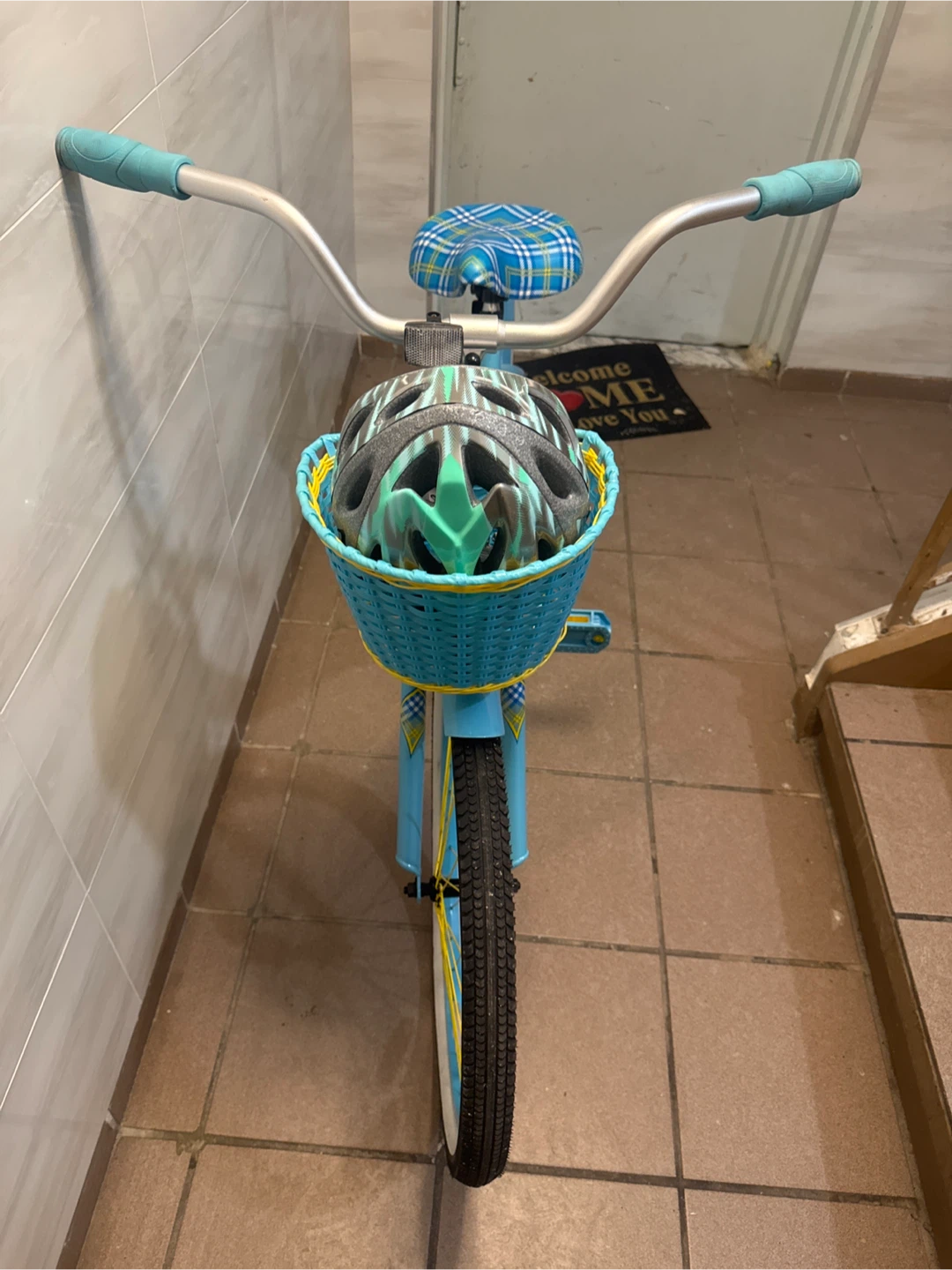 Blue Cruiser Bicycle with Plaid Seat and Basket - photo 3