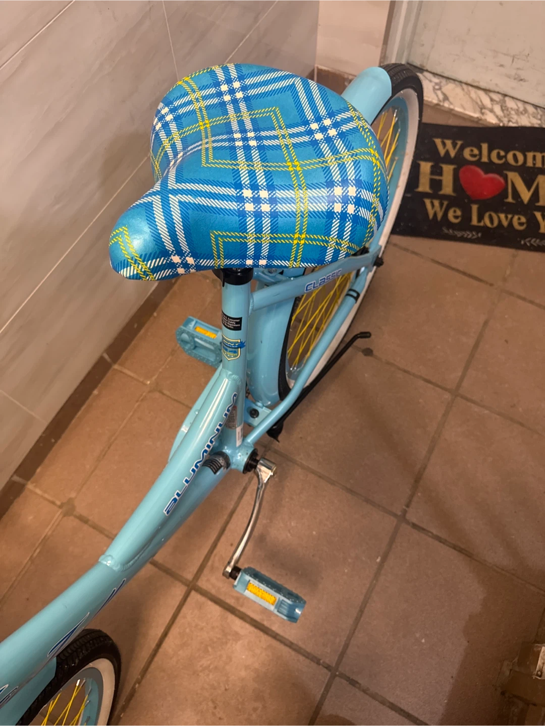 Blue Cruiser Bicycle with Plaid Seat and Basket - photo 4