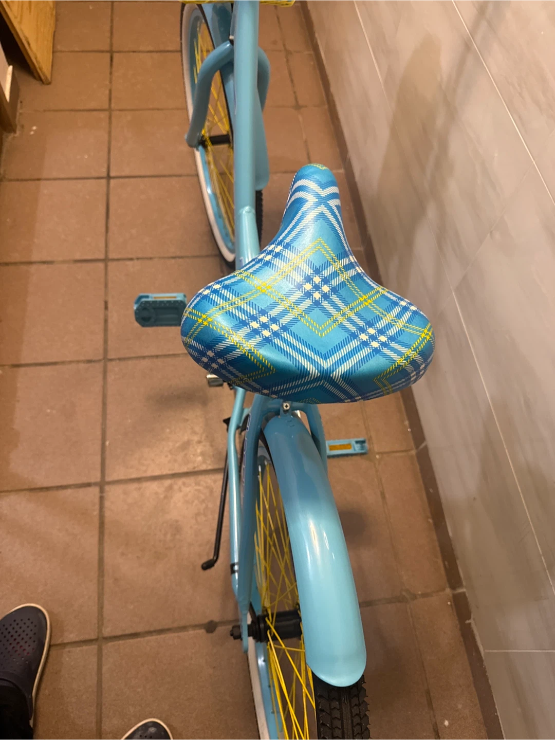 Blue Cruiser Bicycle with Plaid Seat and Basket - photo 5