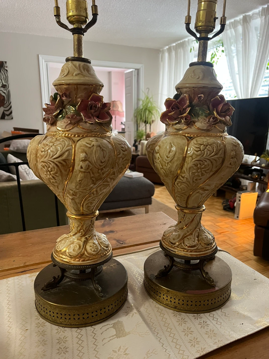 Antique Capodimonte Table Lamps With Porcelain Roses, Set of Two