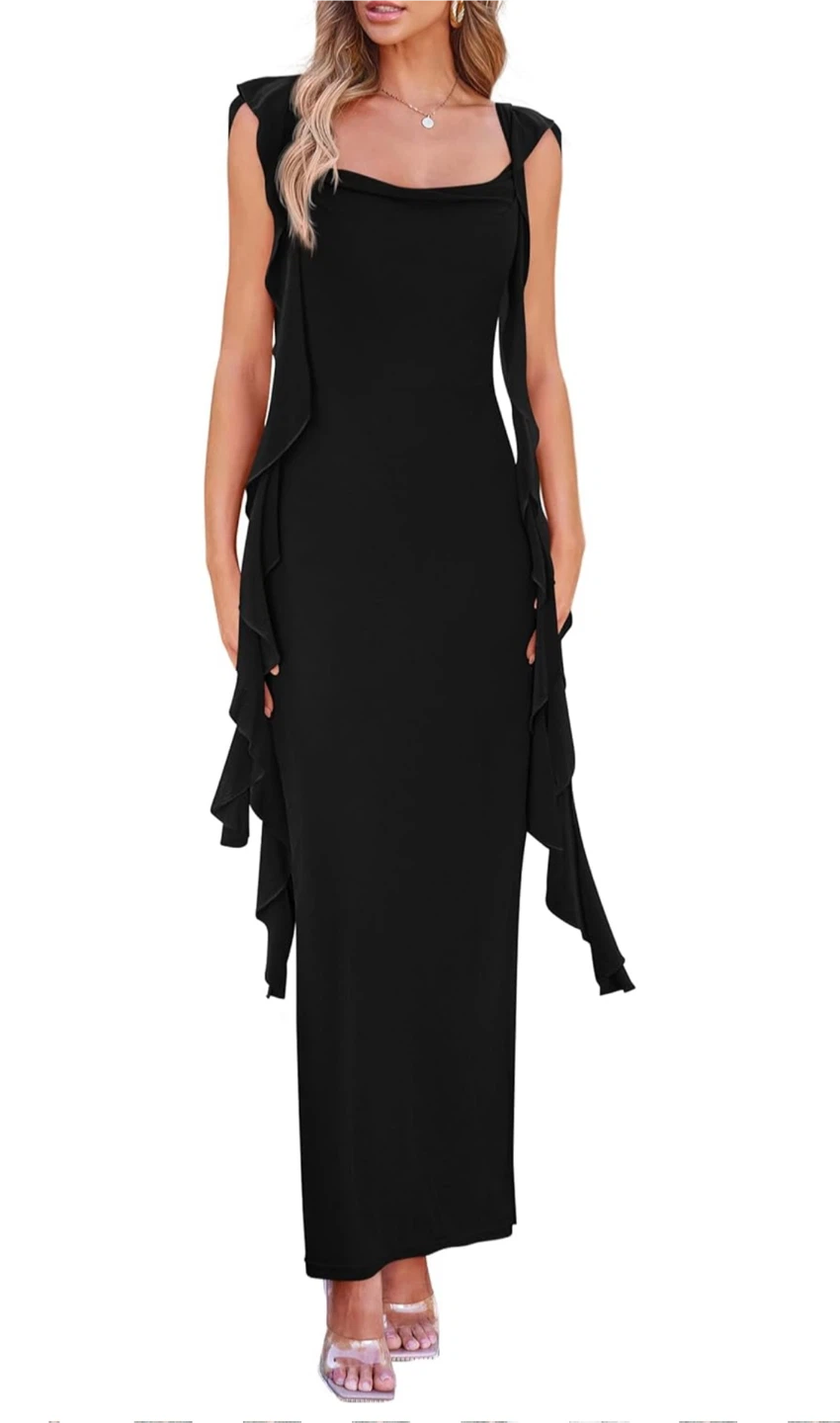 PrettyGarden Black Ruffle Maxi Dress - Small