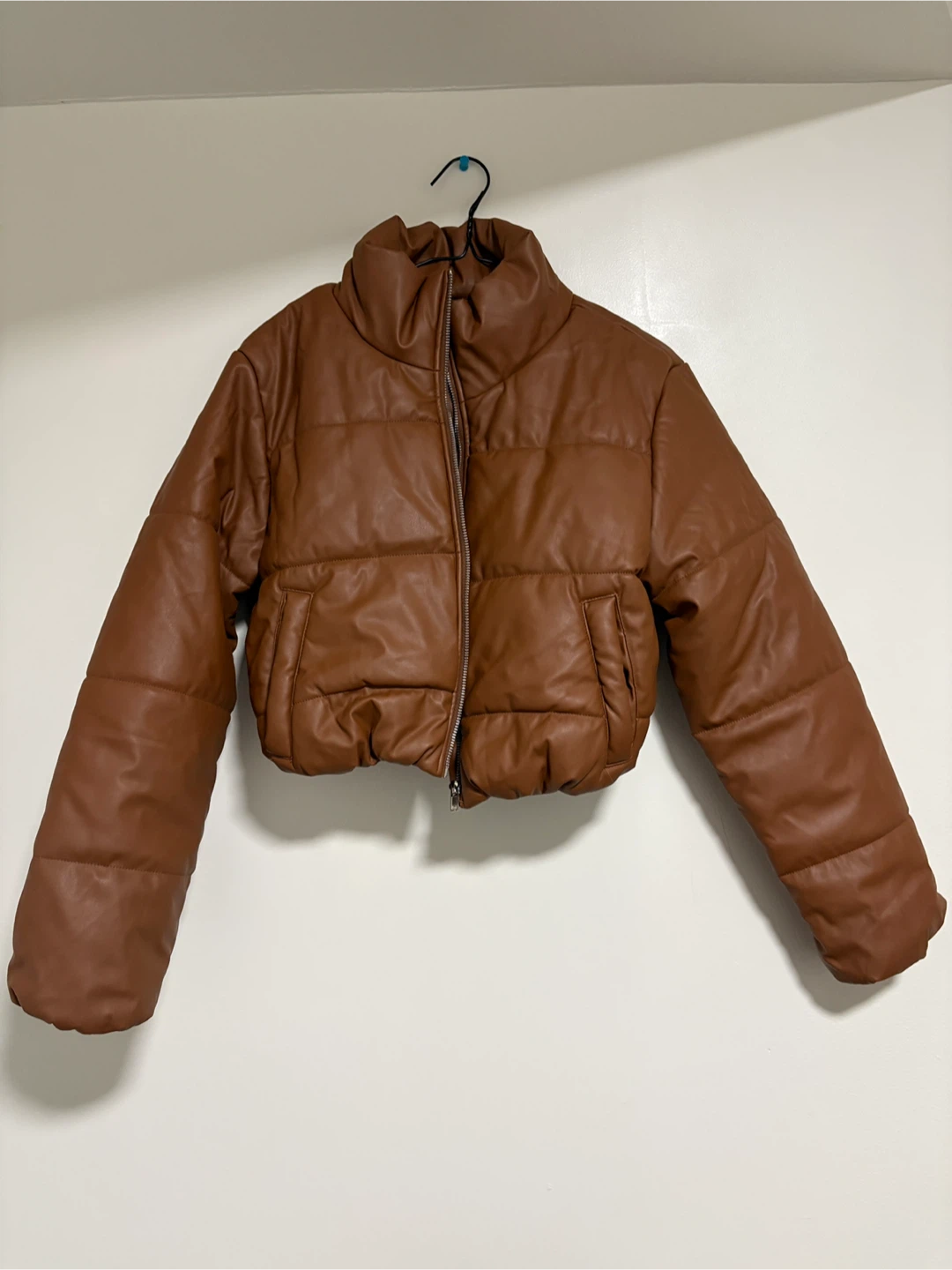 Ambiance Faux Leather Puffer Jacket - Brown, Size M