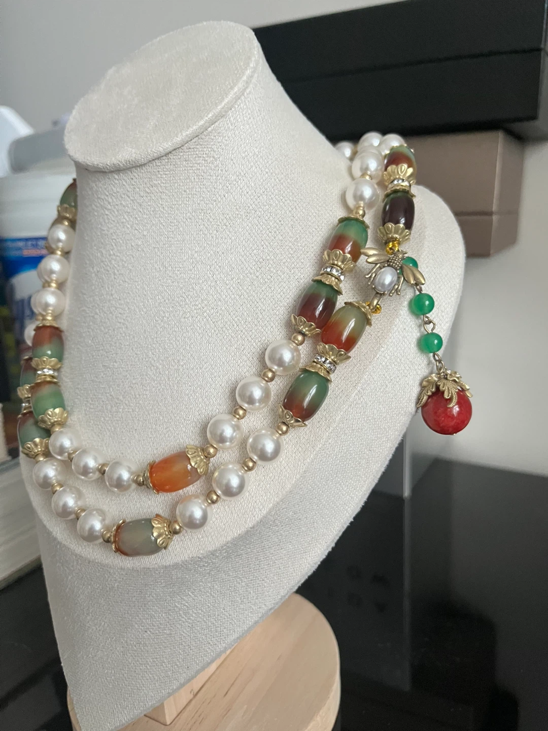 Two-Strand Beaded Necklace with Faux Pearls and Charms