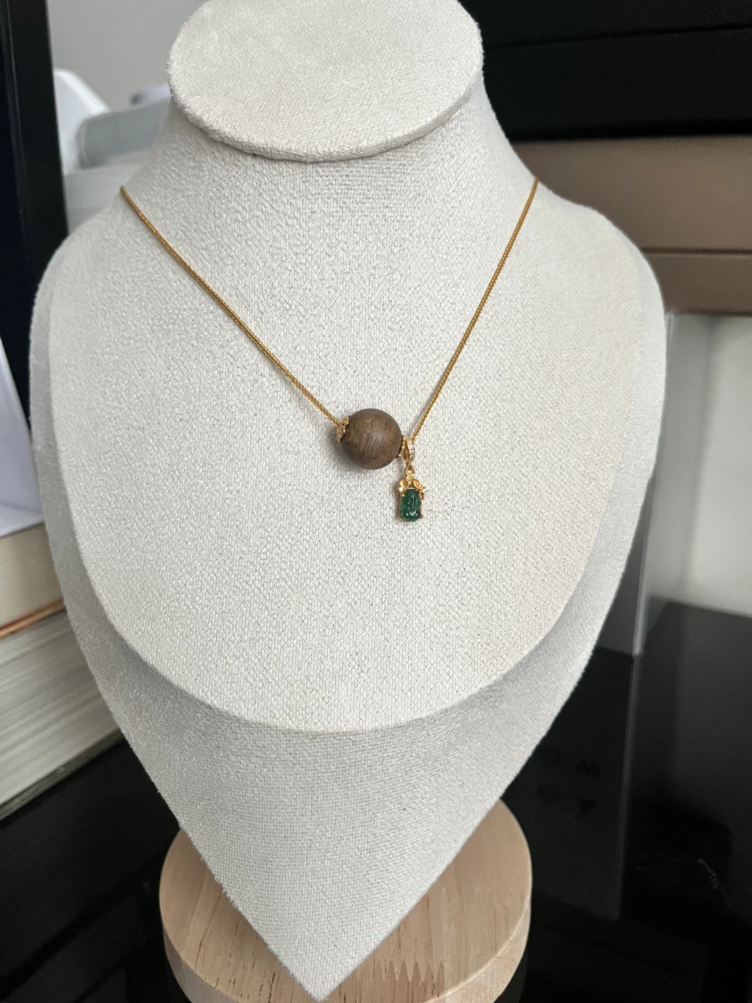 Gold Chain Necklace with Wood Bead and Emerald Pendant