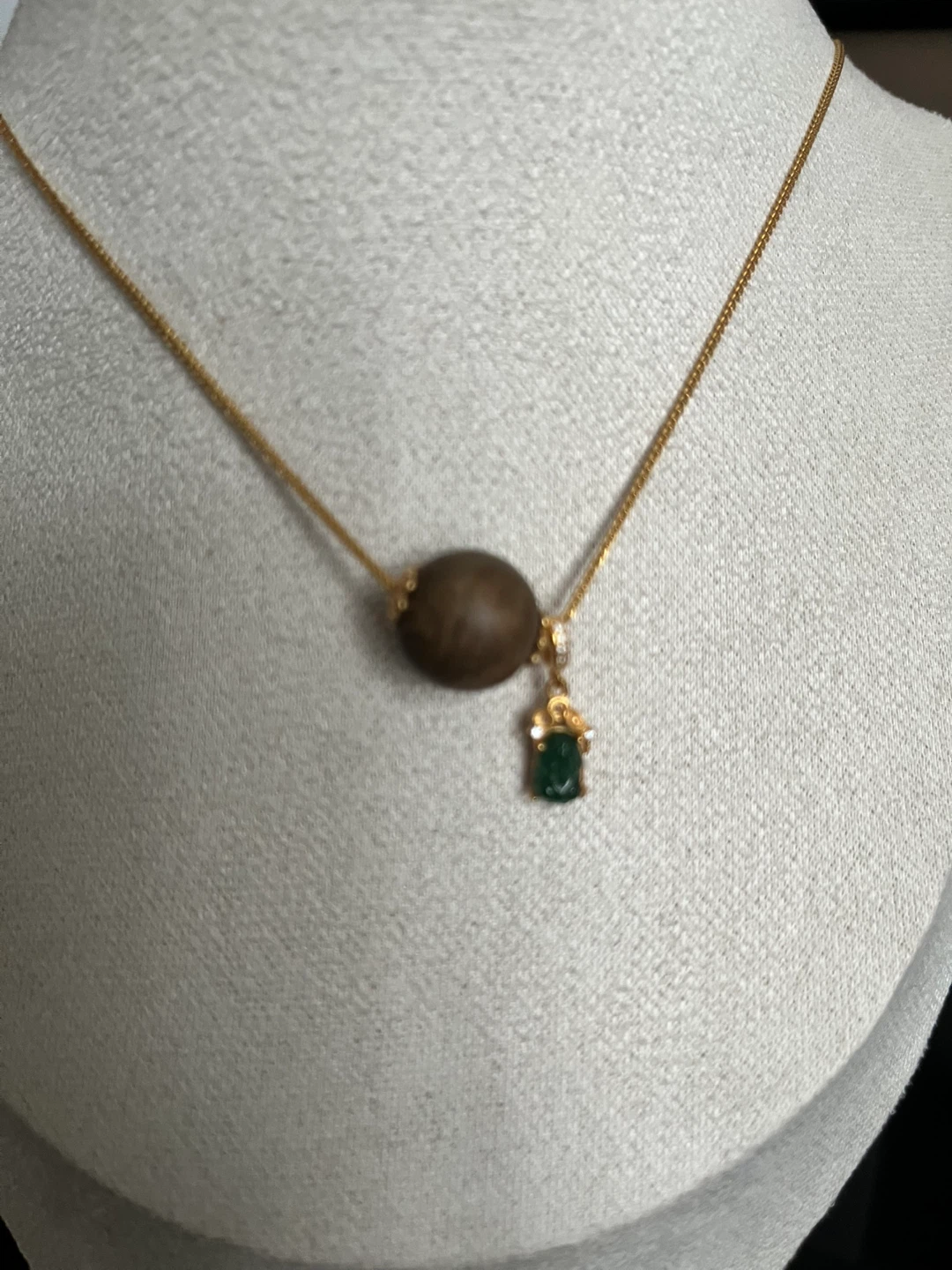 Gold Chain Necklace with Wood Bead and Emerald Pendant - photo 2
