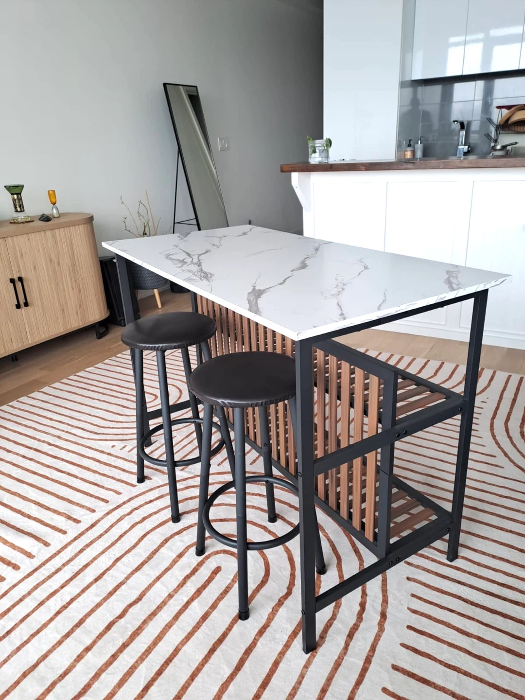 Kitchen Island with Stools and Shelving