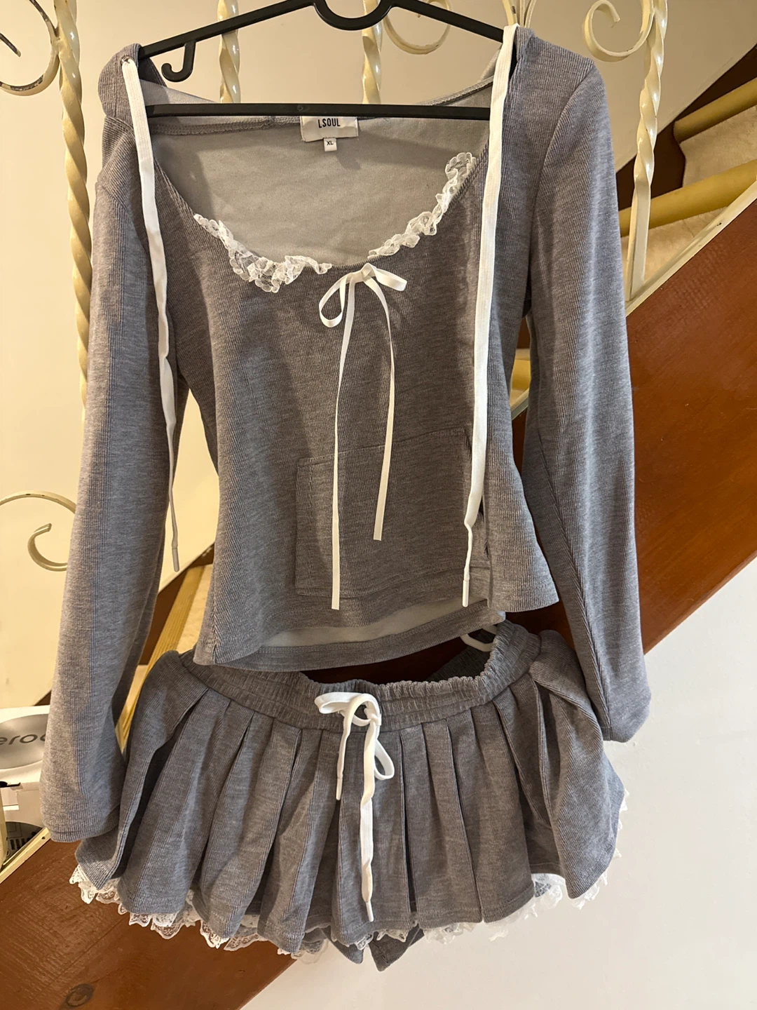 LSoul Grey Lace Trim Hoodie & Pleated Skirt Set - photo 2