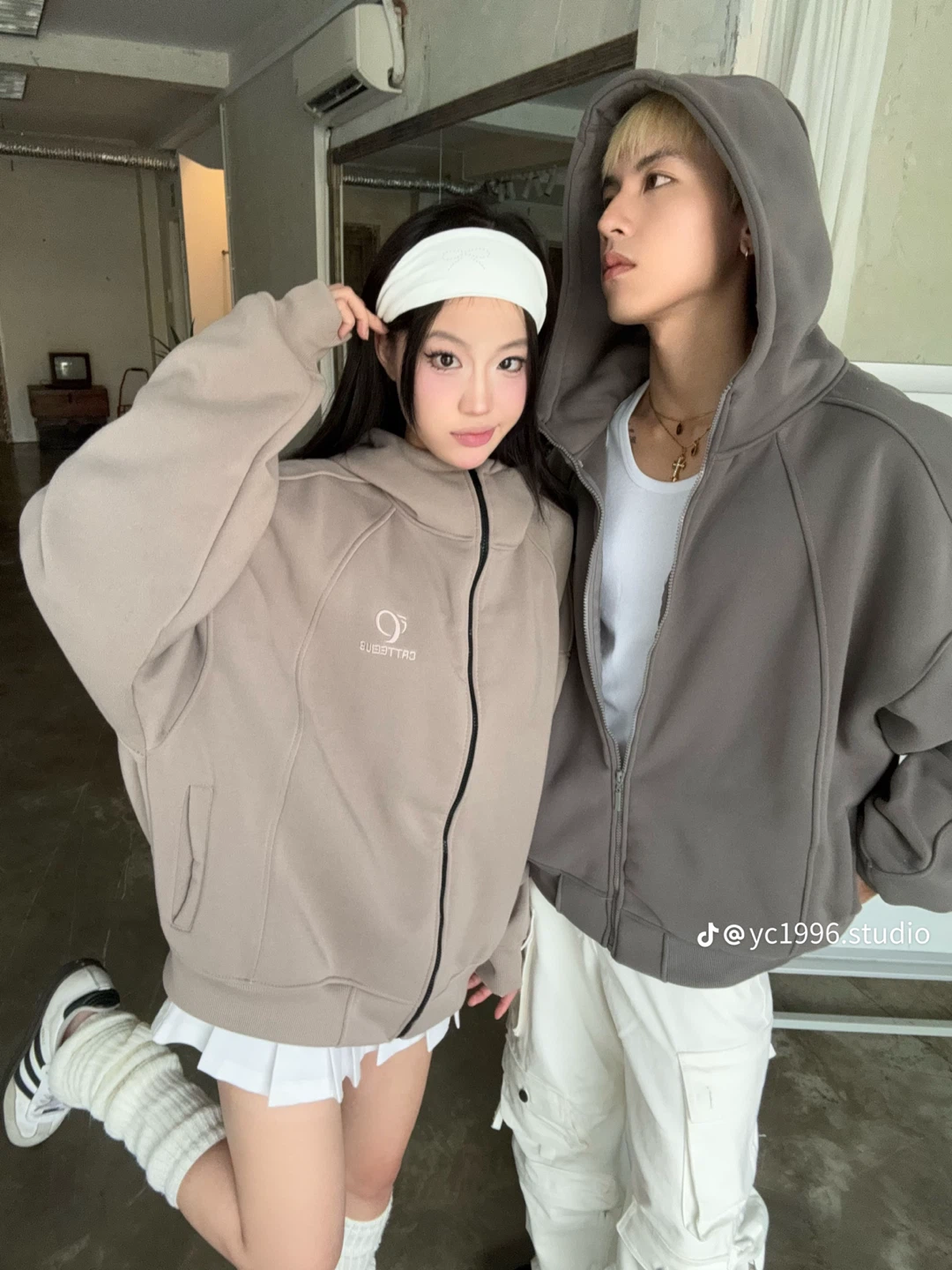 Oatmeal coloured zip-up hoodie