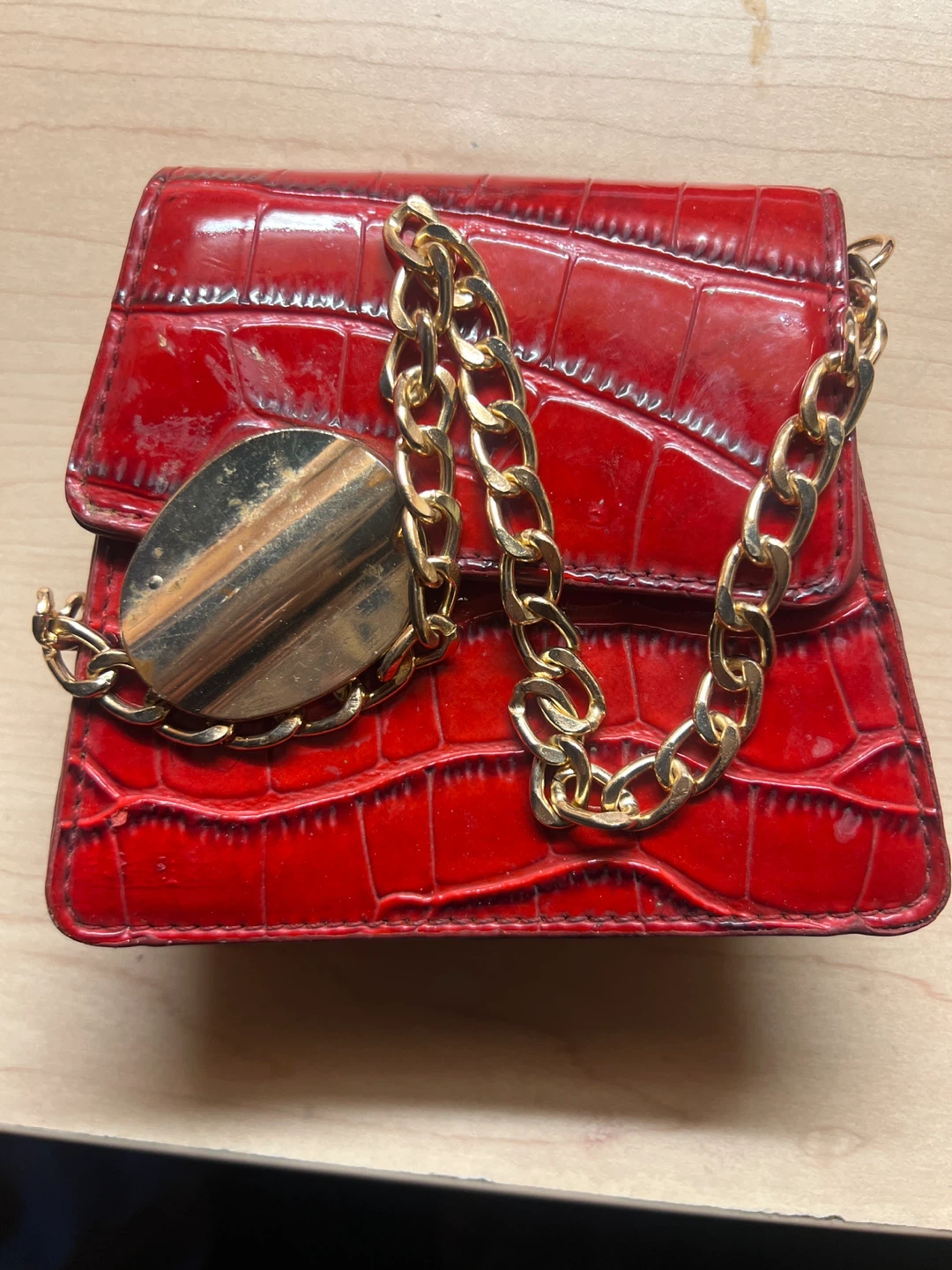 Shiny Red Crocodile-Embossed Mini Bag with Gold Chain