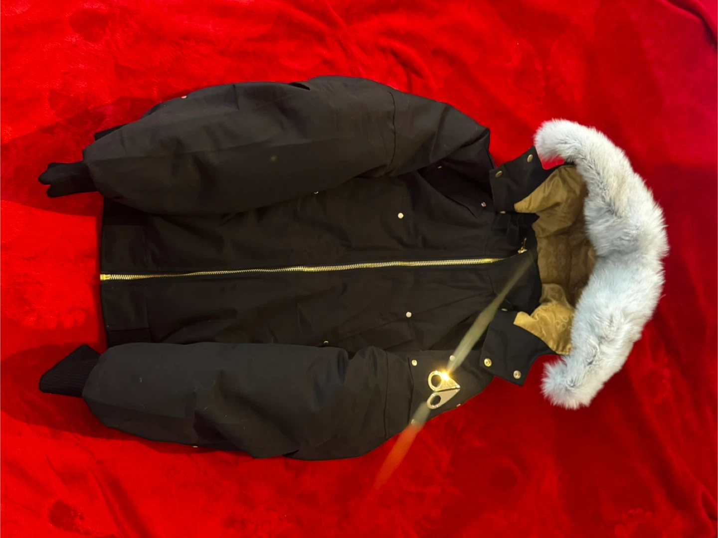 Moose Knuckles Black Bomber Jacket with Fur Hood