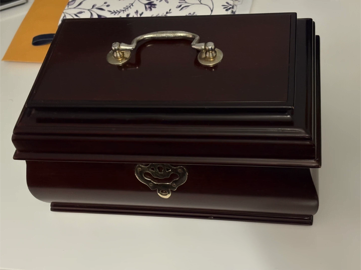 Vintage Bowring & Co Wooden Jewellery Box with Red Velvet Lining