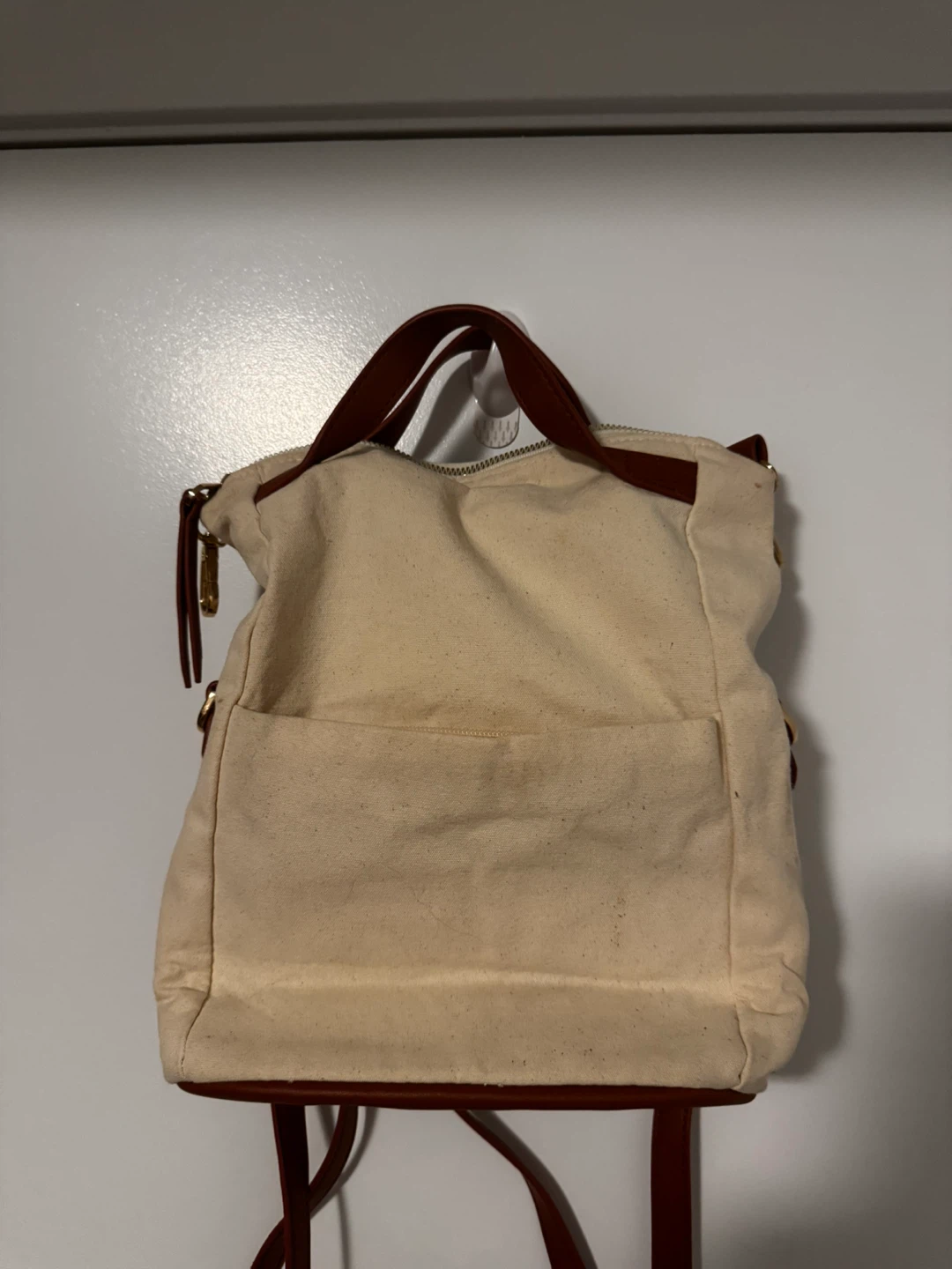 Cream Canvas Backpack with Brown Faux Leather Accents