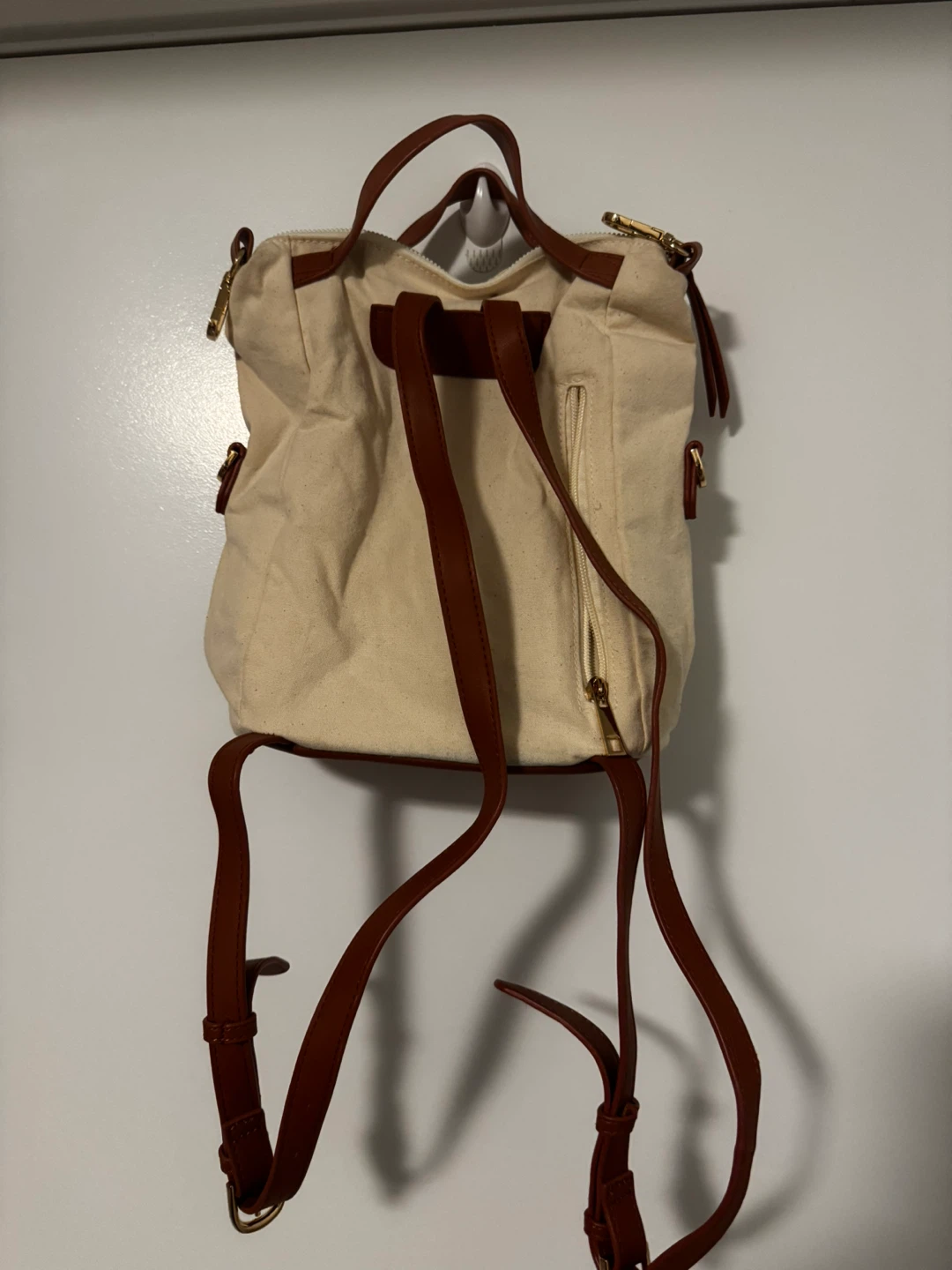 Cream Canvas Backpack with Brown Faux Leather Accents - photo 2