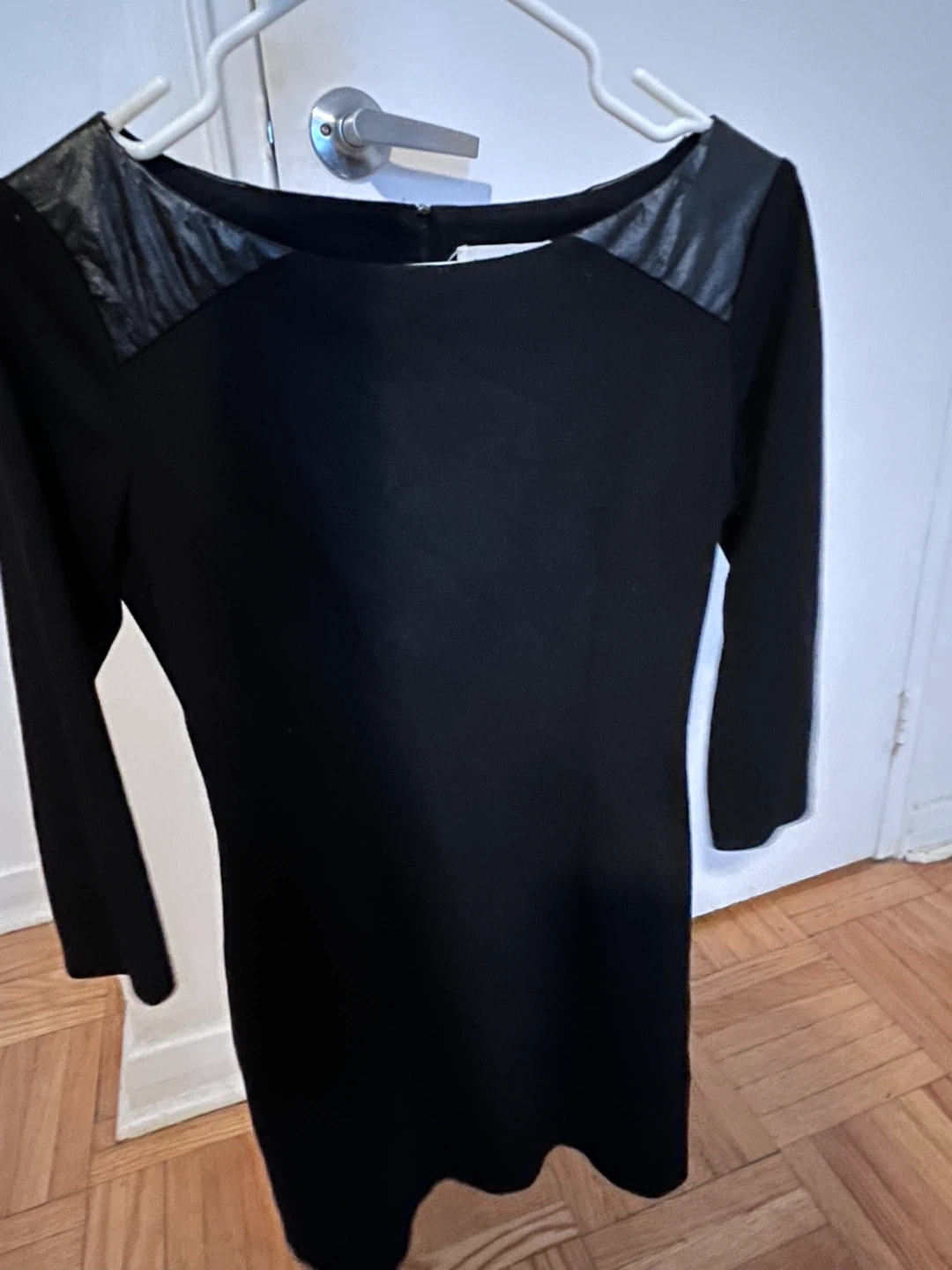 NAF NAF Black Dress with Faux Leather Shoulder Detail - Size M