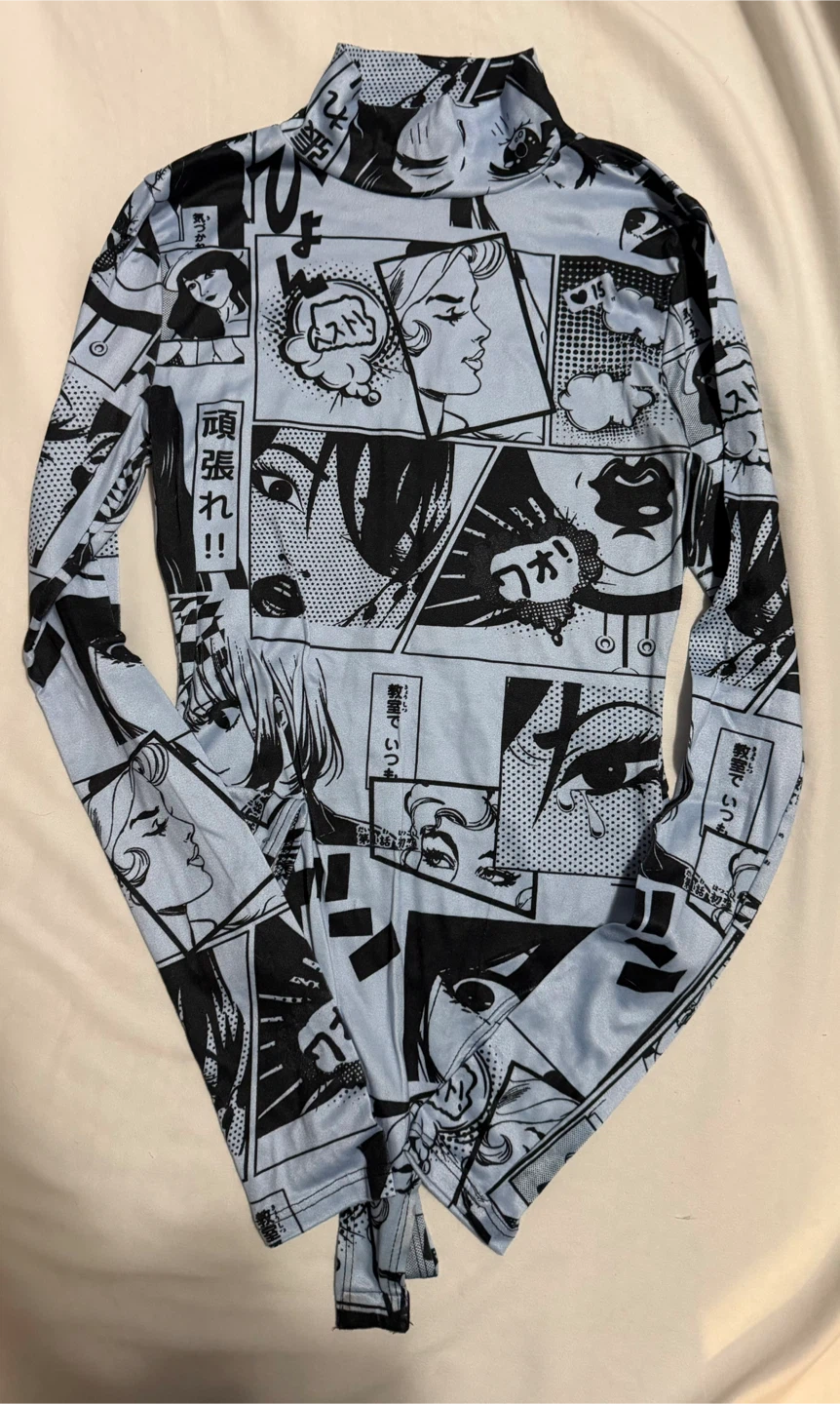 Fashion Nova Long Sleeve Anime Comic Print Mock Neck Top