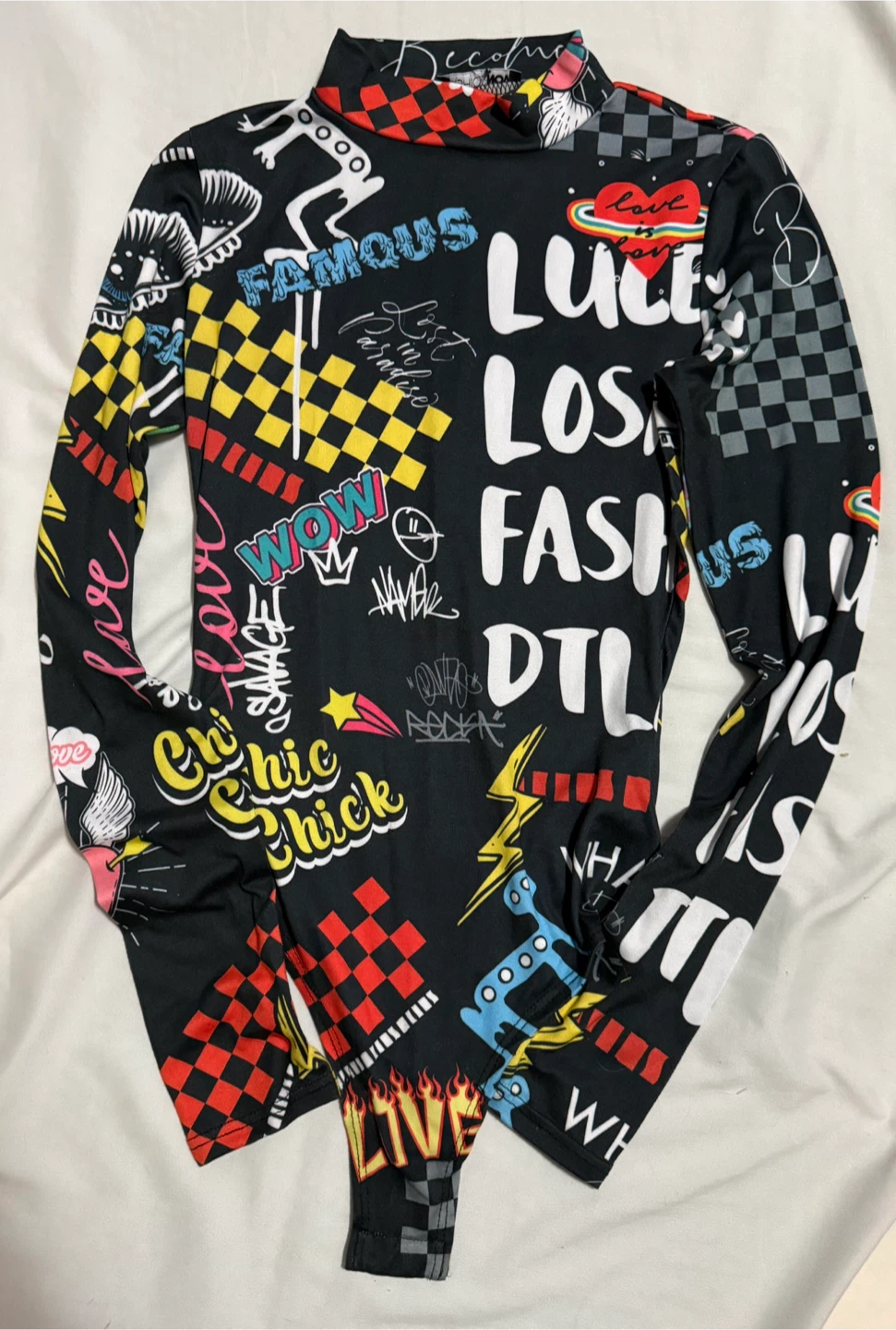 Fashion Nova Graphic Print Mock Neck Long Sleeve Bodysuit