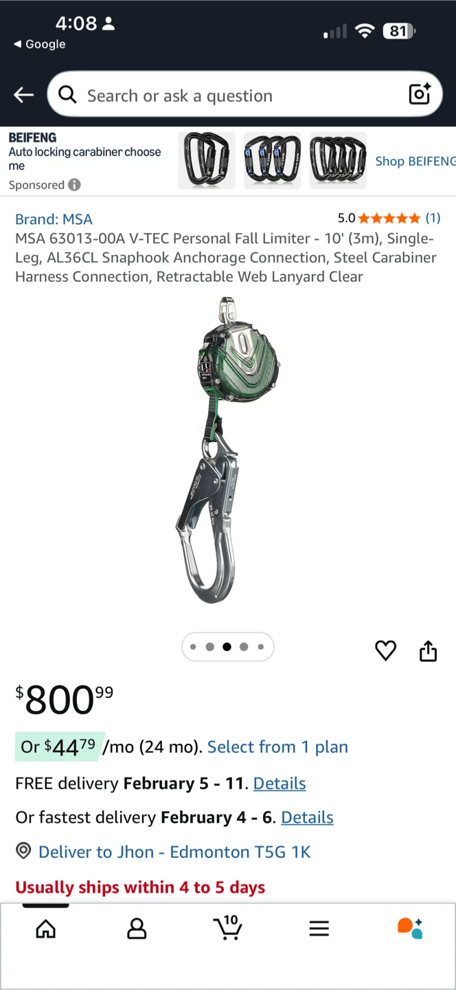 MSA V-TEC Personal Fall Limiter 10' Retractable Lanyard