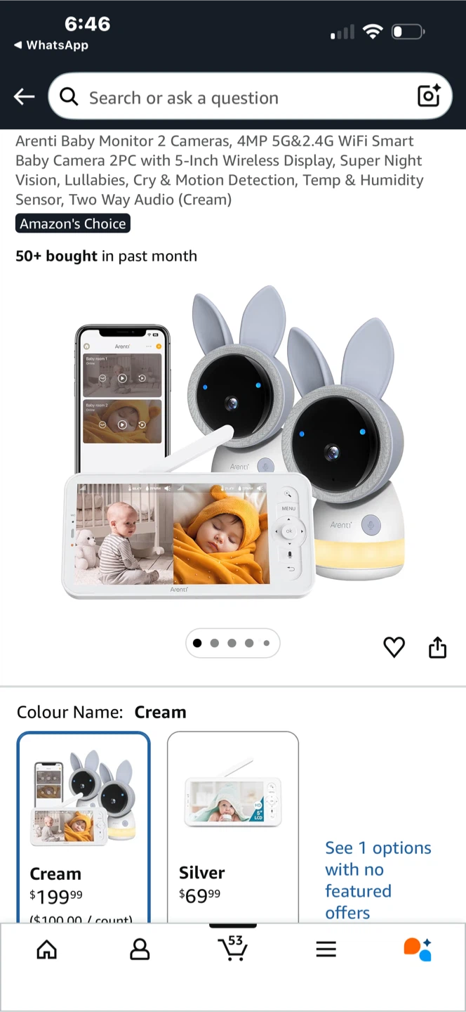 Arenti Baby Monitor 2 Cameras with 5-Inch Display - Cream