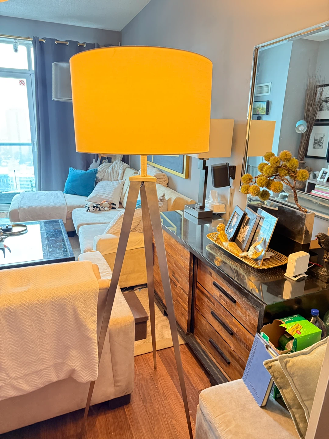 Tripod Floor Lamp with White Drum Shade