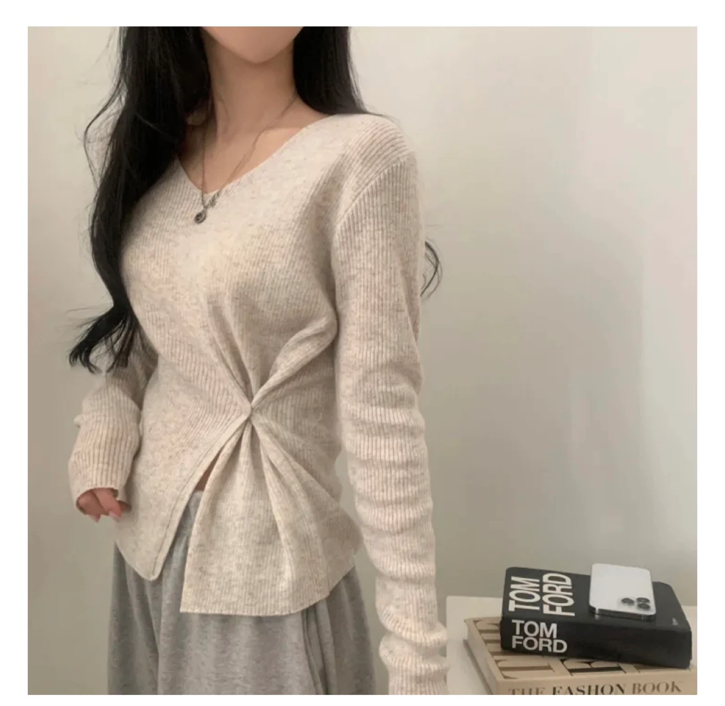 Cream Ribbed Twist Front V-Neck Long Sleeve Top