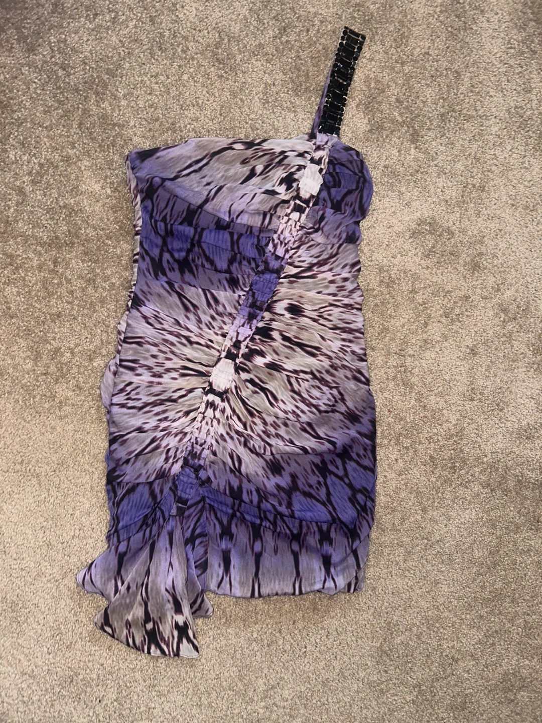 Purple Bebe One Shoulder Ruched Print Dress