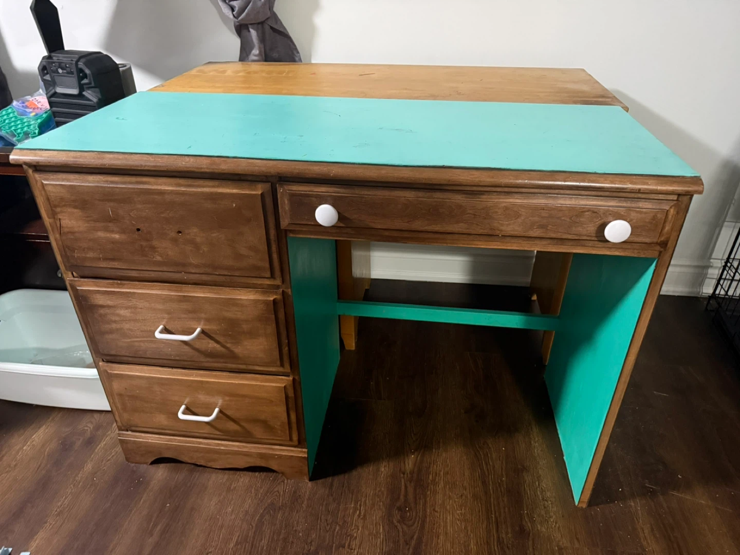Wooden Desk with Teal Accent - photo 2