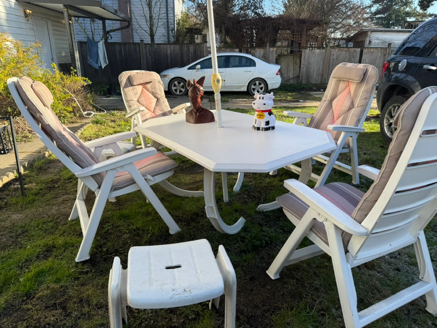 White Patio Set with 4 Chairs and Umbrella