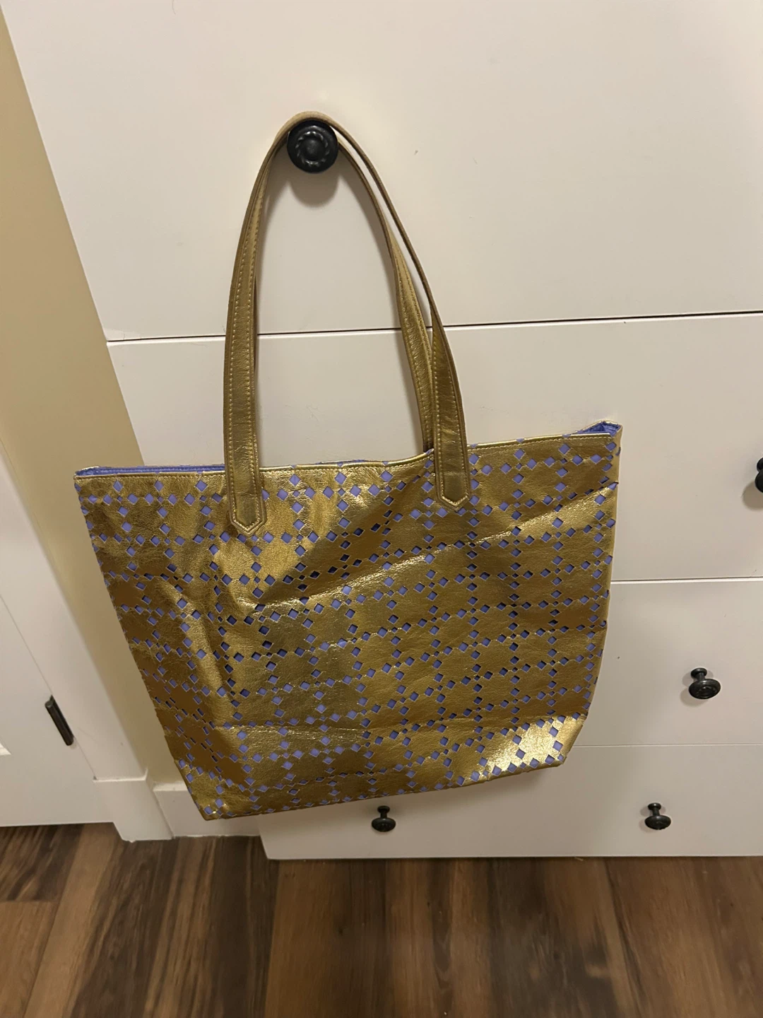 Gold Tote Bag with Purple Lining