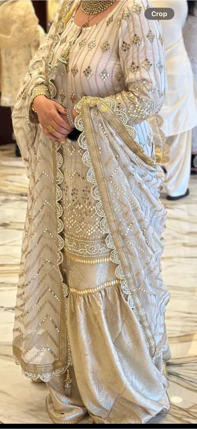 Embellished pearl White and Gold Kameez gharara Outfit