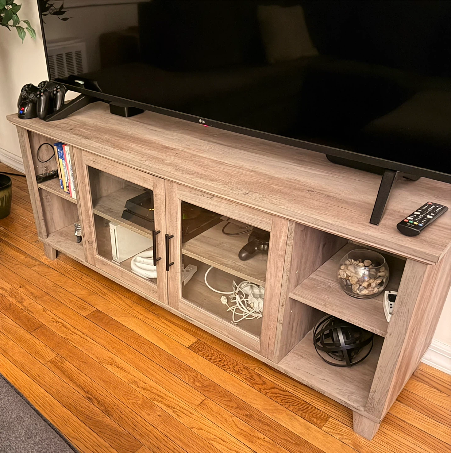 Wood Entertainment TV Stand with Glass Doors