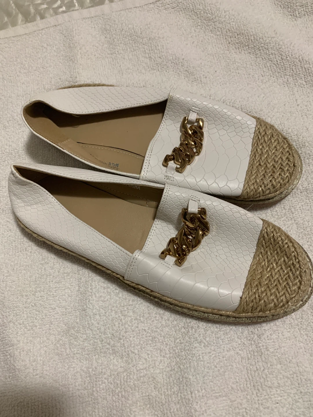 White Espadrille Flats with Gold Chain