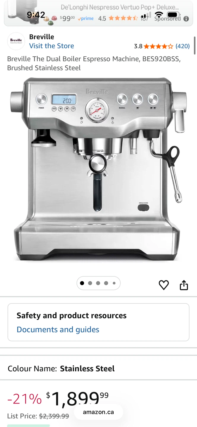 Breville Dual Boiler Espresso Machine - Brushed Stainless Steel
