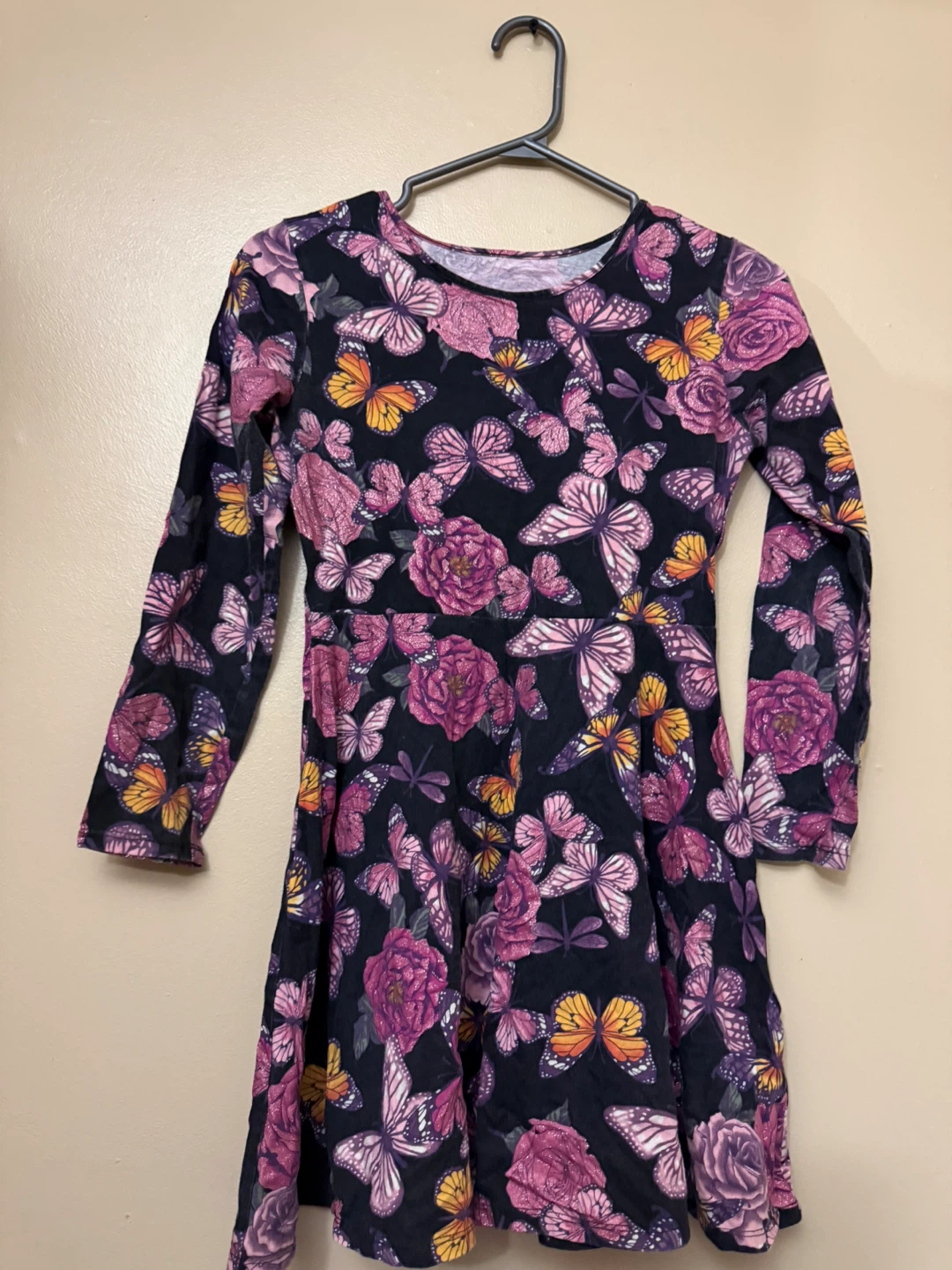 Butterfly & Rose Patterned Kids Black Dress (10/12)