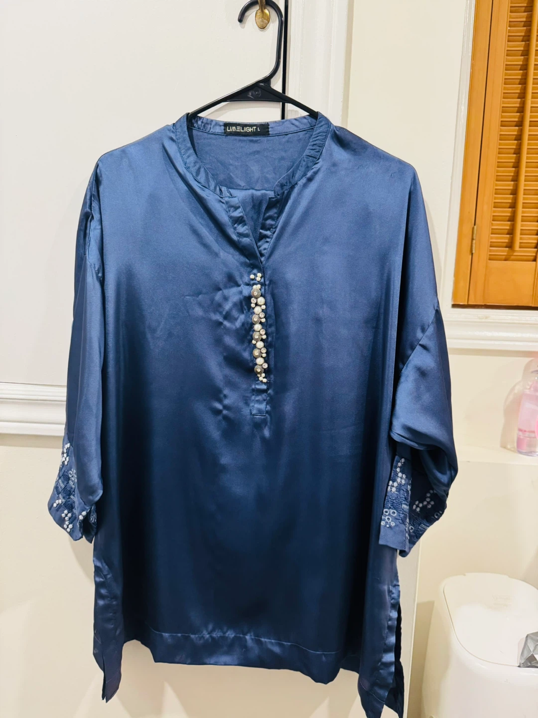 LIMELIGHT Women's Blue Satin Embellished Tunic Shirt Size L