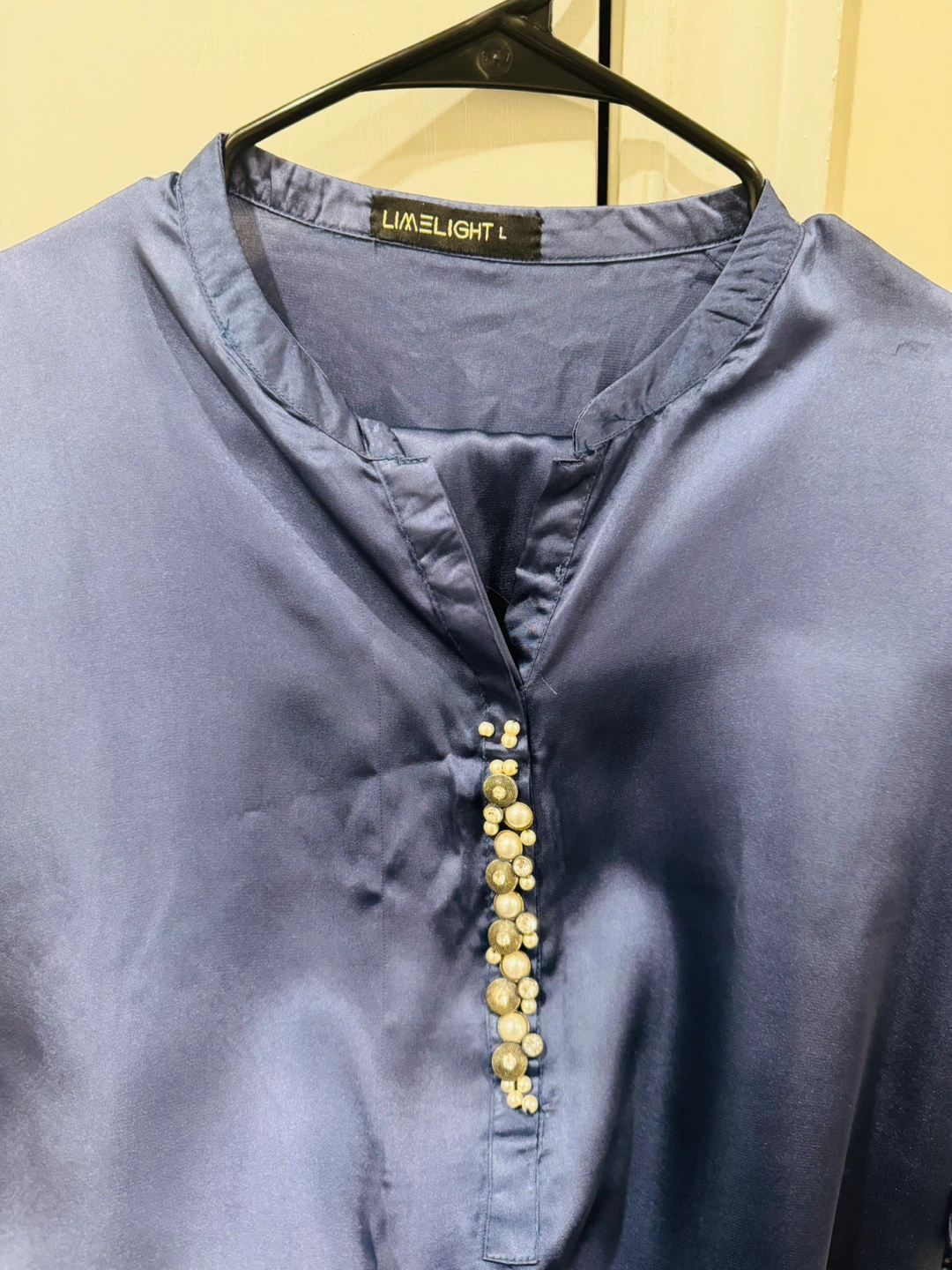 LIMELIGHT Women's Blue Satin Embellished Tunic Shirt Size L - photo 5