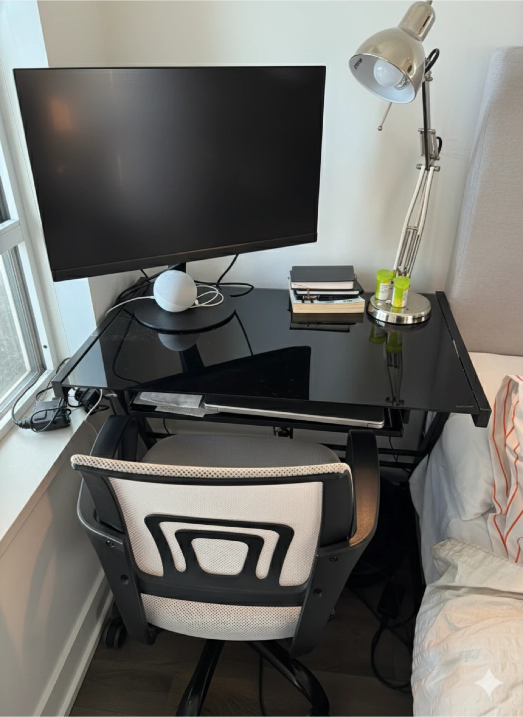 Glass top desk with chair