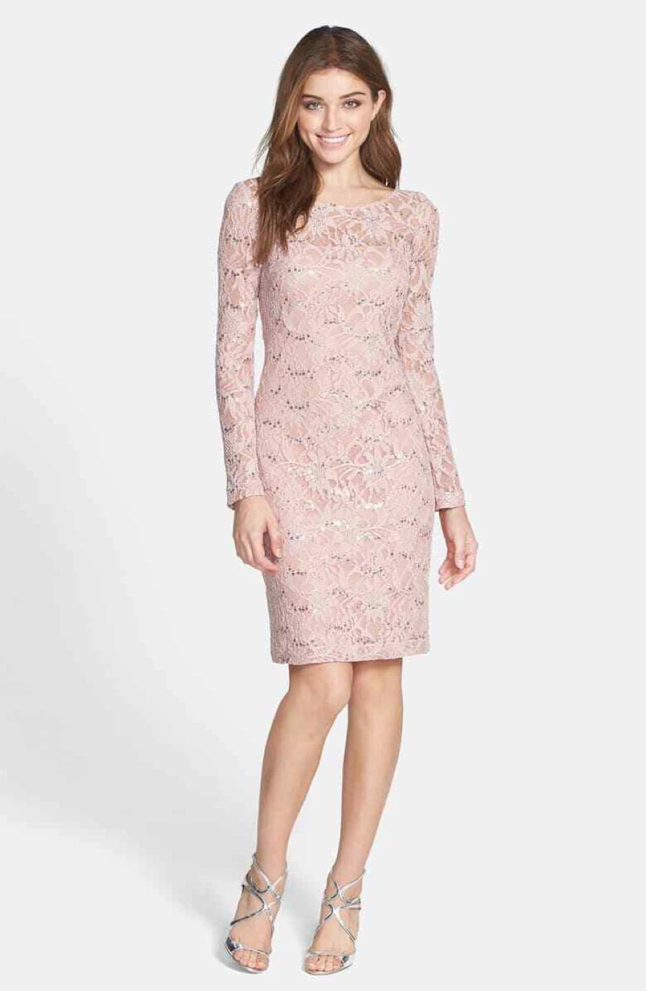 Pink Lace Beaded Sheath Dress with Long Sleeves